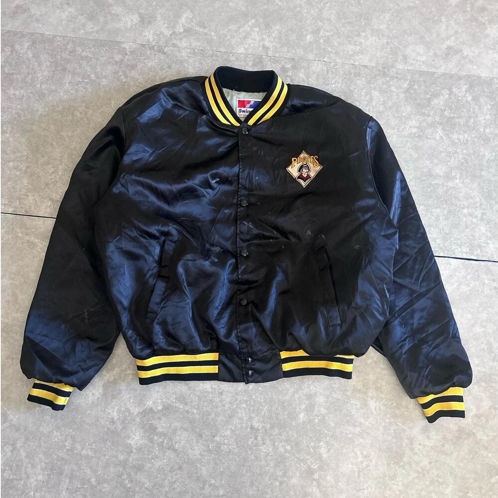 90s Vintage Pittsburgh Pirates Distressed Satin Black Jacket Size XL